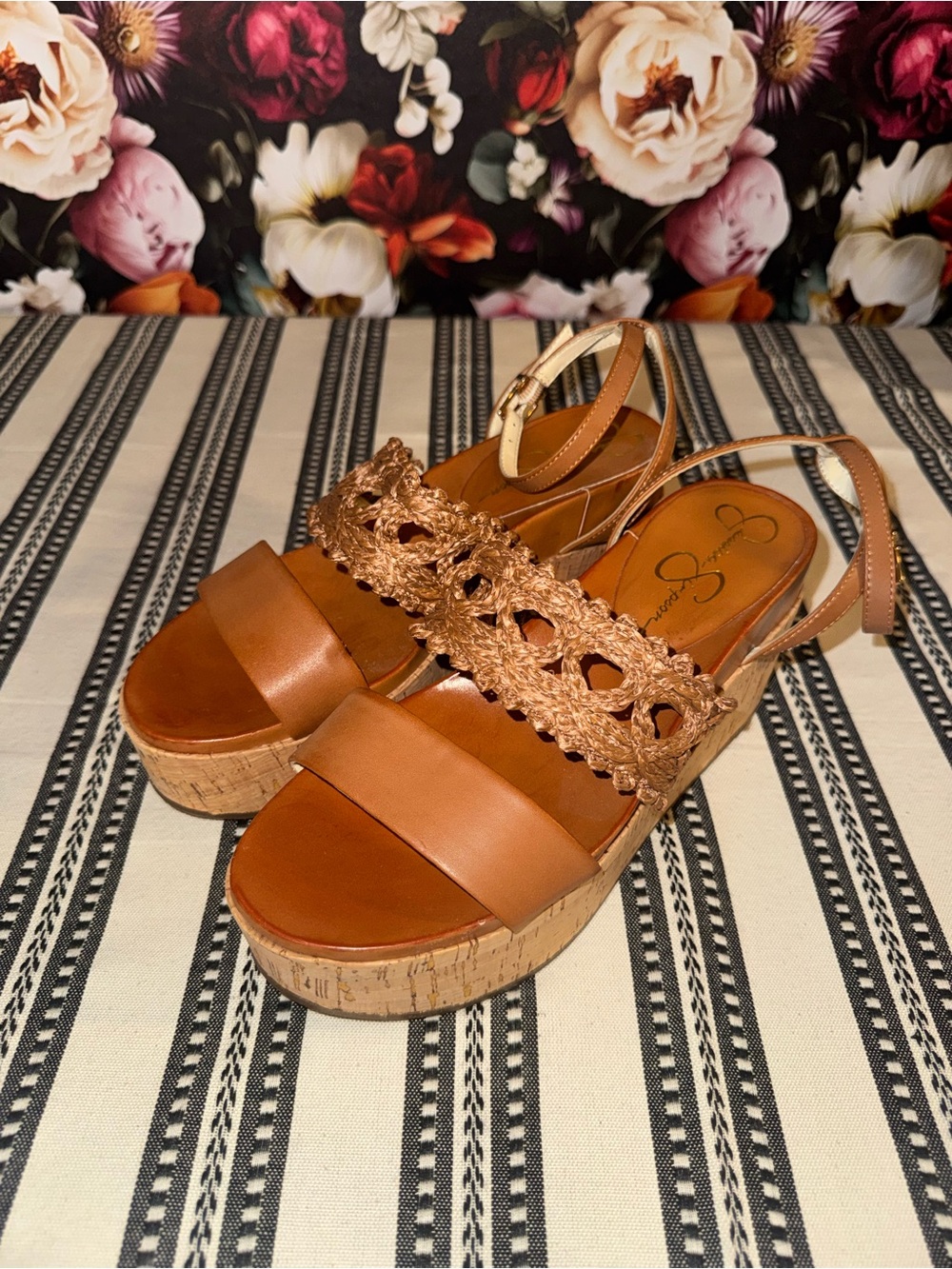 Jessica Simpson Women’s Tan Platform Sandals with Leather Crochet Strap, 8, NWOT